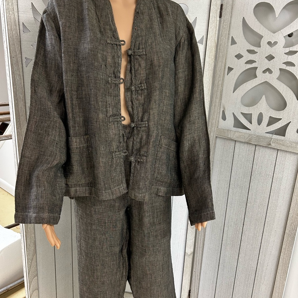 Chico’s Design Linen Pants & Jacket Size 3 L/XL Gray BROWN